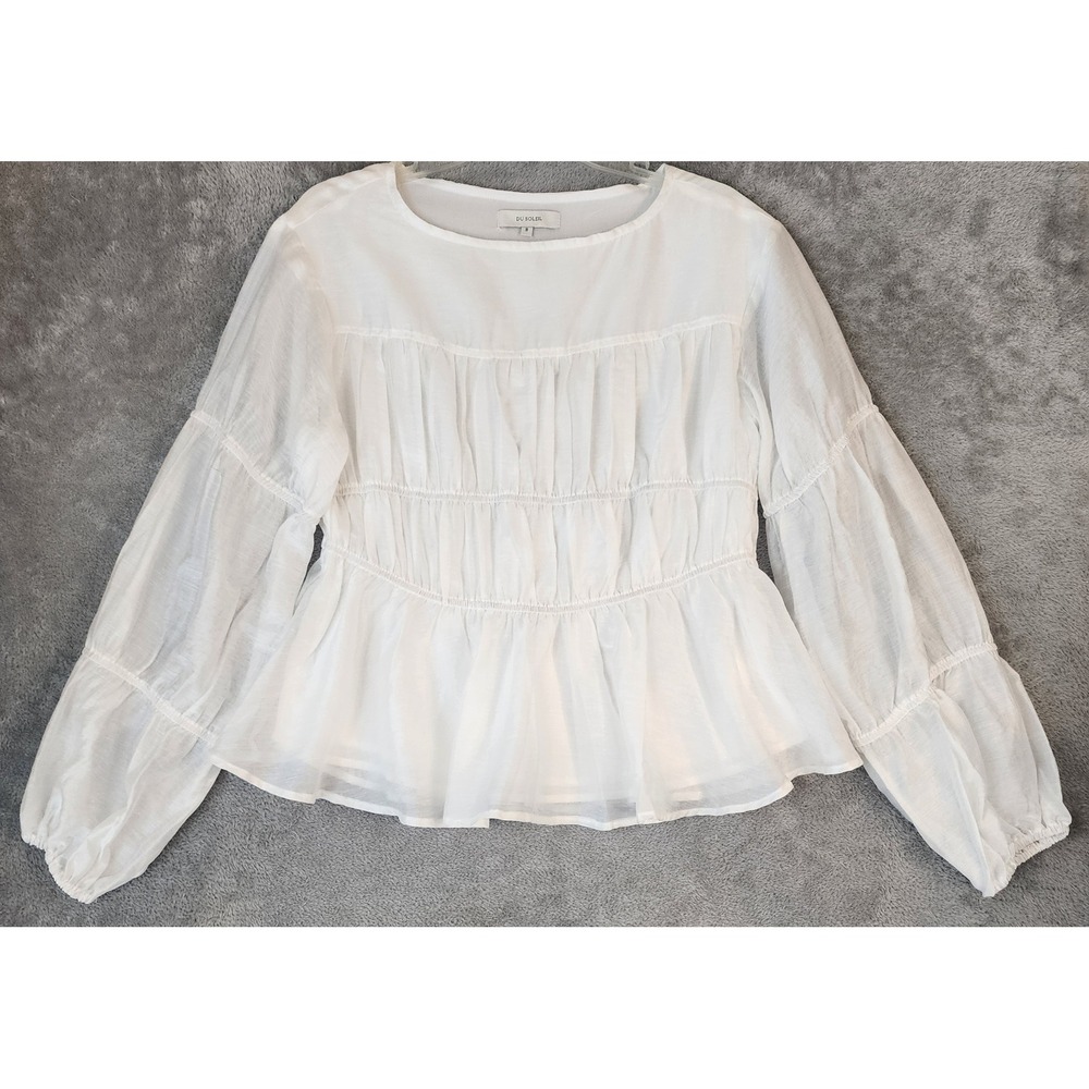 Du Soleil Shirt Womens Size 8 White Linen Blend Smocked Peplum Long Sleeve Top